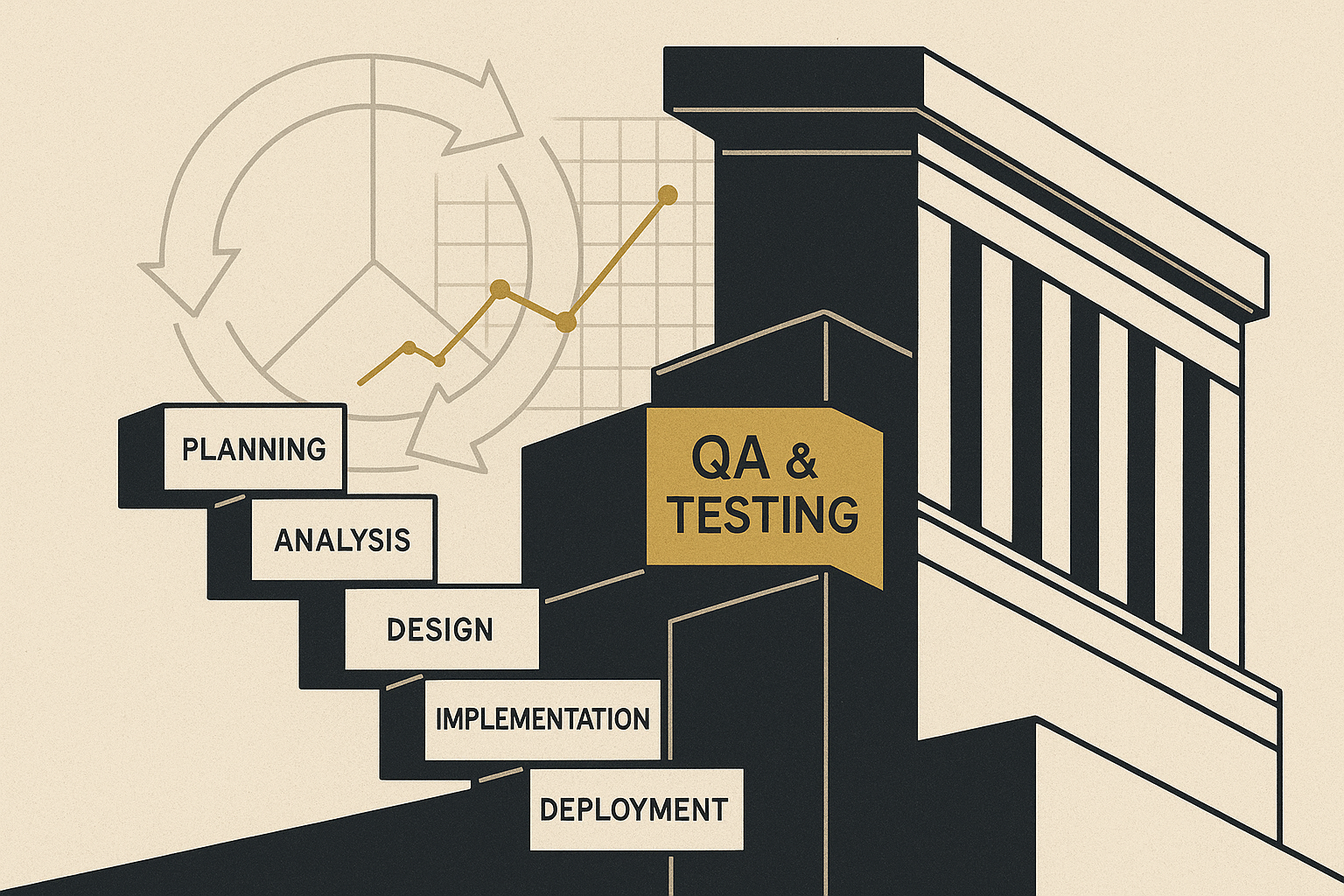 Diagram showing software development lifecycle with QA focus.