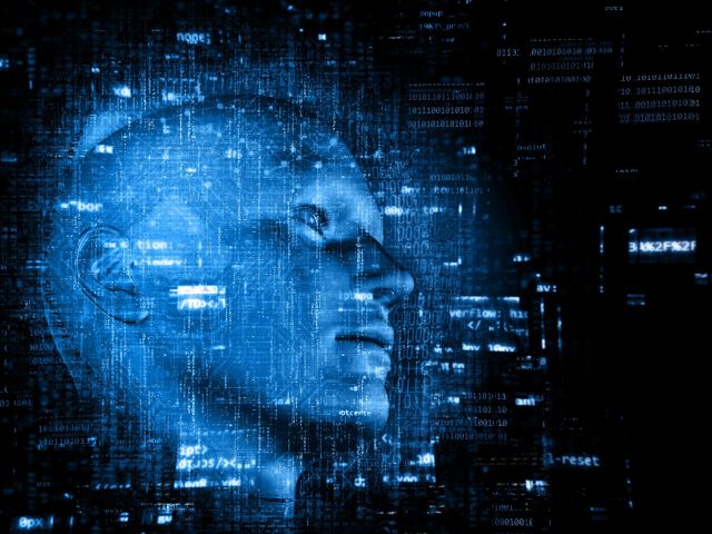 3D technology background with code over male head