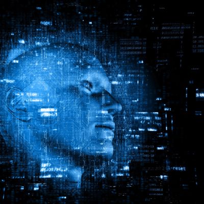 3D technology background with code over male head